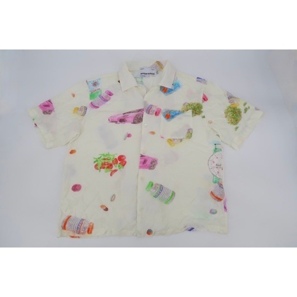 Sundae School Button Up Shirt Mens Large Pastel Graphic Print Rayon Short Sleeve
